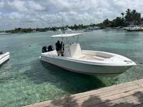 A speedboat is docked in clear waters, with a crew member preparing for the next adventure. This scenic view captures the essence of boating in a tropical paradise.