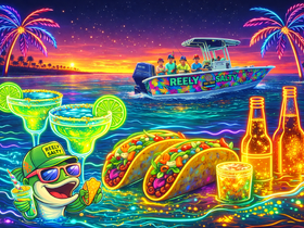 A vibrant illustration featuring delicious tacos and cocktails alongside a colorful boat named 'Reely Salty' — perfect for a fun day on the water with friends and family.