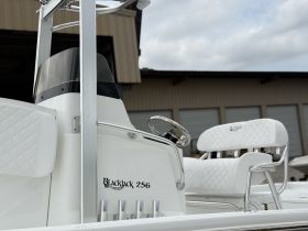 A close-up view of the helm and seating area on a Blackjack 256 boat, showcasing its sleek design and comfortable features for an enjoyable boating experience.