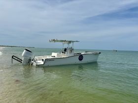 A sleek catamaran is docked in shallow waters, showcasing its design against a serene backdrop — perfect for fishing or leisure outings.