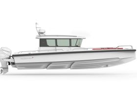 A sleek side view of a modern boat, showcasing its design and structure — perfect for those seeking a stylish vessel for their adventures on the water.