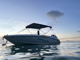 A serene view of the 'Dolphin Paradise' speedboat anchored in calm waters during sunset, perfect for a relaxing day on the water.
