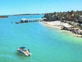 A vibrant scene featuring a group enjoying a day on a boat in clear turquoise waters, with a picturesque beach and palm trees in the background — perfect for a fun day out on the water.