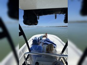 A group enjoys a relaxing day on the water, lounging on a boat under the sun — perfect for family outings or leisurely cruises.