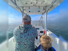 A father and son enjoy a day on the water, navigating their boat through calm seas — a perfect bonding experience for families who love adventure.