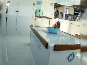 Interior view of a boat cabin featuring a bowl of fresh fruit on a table, showcasing a clean and inviting space for guests.