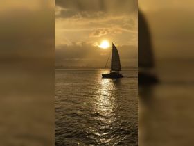 A picturesque sailboat glides across the shimmering water at sunset, creating a stunning backdrop for evening cruises.
