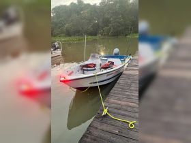 A sleek speedboat docked at a serene location, showcasing its vibrant design and fishing gear, perfect for a day on the water.