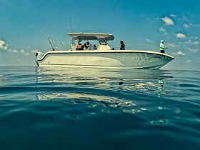 A group of anglers enjoys a day of fishing on a sleek boat, showcasing the perfect blend of adventure and relaxation on the water.