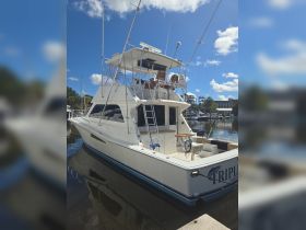 A beautifully docked yacht named 'Triple' showcases its sleek design and fishing capabilities, perfect for chartering adventures.
