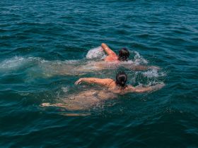 Two swimmers enjoy a refreshing swim in clear blue waters, showcasing the fun and excitement of on-water activities during a boating trip.