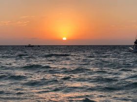 A stunning sunset over the ocean, with silhouettes of boats in the distance, creating a picturesque scene perfect for evening cruises.