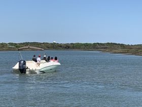 A group enjoys a scenic boat ride through calm waters, perfect for exploring nature and creating memorable experiences on the water.