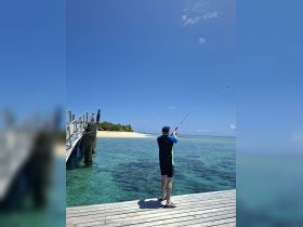 A person enjoys fishing from a wooden pier, with stunning clear waters and a beautiful beach in the background — a perfect day for fishing enthusiasts.