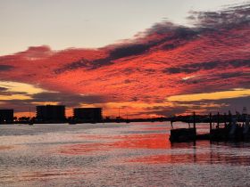 A stunning sunset reflects off the water, with silhouettes of boats and buildings creating a picturesque waterfront scene.