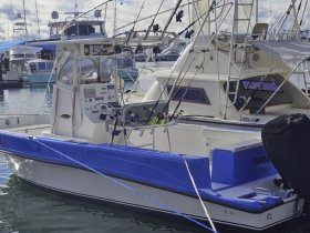 A detailed view of a fishing boat docked at the marina, showcasing its structure and equipment — perfect for fishing enthusiasts and charter services.