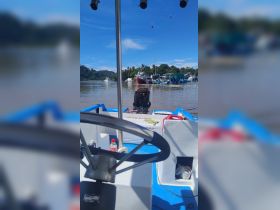A view from the helm of a boat, showcasing the steering wheel and console, with a scenic backdrop of other boats and lush greenery.