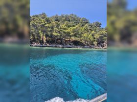 A stunning view of turquoise waters and lush greenery along the coastline, perfect for showcasing the beauty of a boating adventure.