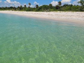 A serene view of a beach with clear turquoise waters and lush greenery in the background, perfect for a relaxing getaway.