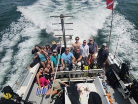 A lively group poses on a diving boat, ready for an adventure in the ocean — perfect for diving enthusiasts and group outings.