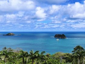 A picturesque view of a sailboat gliding through the turquoise waters near lush islands, showcasing the stunning coastal scenery perfect for sailing adventures.