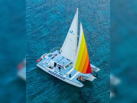 A vibrant catamaran named 'Freestyle' sails through crystal-clear waters, featuring guests enjoying the sun and sea — perfect for a relaxing day on the water.