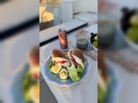A delicious spread of sandwiches and snacks, including a refreshing Coca-Cola, perfect for enjoying on a boat outing.