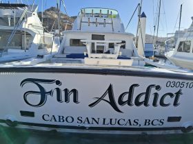 The stern view of the 'Fin Addict' boat docked in Cabo San Lucas, BCS, showcasing its elegant design and name.