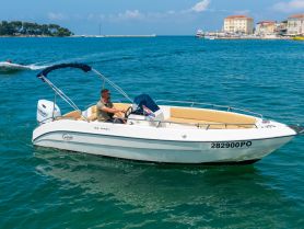 A speedboat navigates the clear waters, showcasing a scenic backdrop of coastal buildings and lush greenery — perfect for a day of adventure on the water.