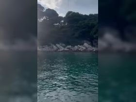 An unclear image of a rocky shoreline with water, lacking identifiable features or subjects.