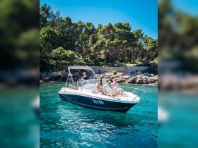 A group enjoys a sunny day on a boat, surrounded by clear waters and lush greenery — perfect for a fun day out on the water.