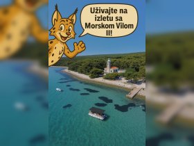 A picturesque view of a boat anchored near a serene beach, with swimmers enjoying the clear waters — a perfect getaway with Morska Vila II.