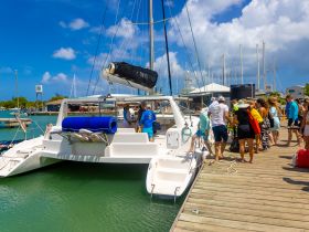 A lively group boards a catamaran at the marina, ready for an exciting day on the water. Perfect for family adventures and group outings.