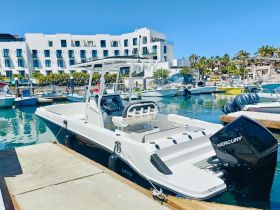 A sleek speedboat docked at a marina, showcasing its modern design against a vibrant backdrop of boats and palm trees.