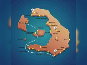 Map of Santorini highlighting various locations and points of interest, ideal for planning boat tours around the island.