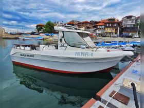 A clear view of the 'NINA-1' boat docked at the marina, showcasing its sleek design and surrounding scenery.