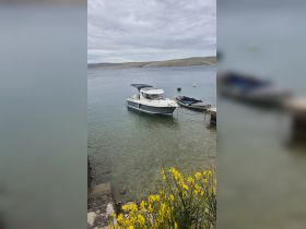 A serene view of a boat docked in clear waters, surrounded by natural beauty and vibrant yellow flowers, perfect for a peaceful getaway.