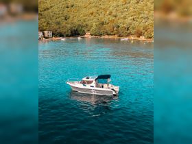 A stunning aerial view of a motorboat cruising through crystal-clear turquoise waters, surrounded by lush greenery and a serene coastal landscape.