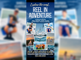 Promotional image showcasing various adventures with Seaside Charter Company, featuring families enjoying fishing, sunset cruises, and island excursions along the coast.
