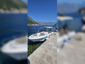 A sleek speedboat docked along a picturesque waterfront, surrounded by stunning mountain views — perfect for exploring coastal destinations.