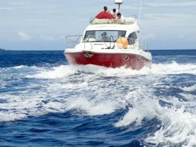 A vibrant boat cruises through the ocean waves, showcasing a lively atmosphere with guests enjoying the ride. Perfect for adventure seekers looking to explore the open water.