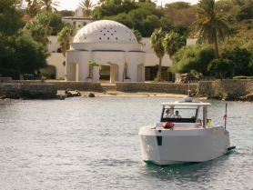 A sleek boat approaches a picturesque shoreline, featuring lush greenery and unique architecture, perfect for scenic tours and coastal exploration.