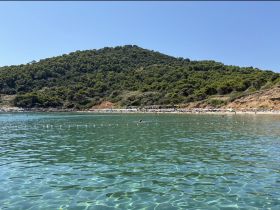 A picturesque view of a serene beach with clear turquoise waters and lush greenery in the background, perfect for a relaxing day by the coast.