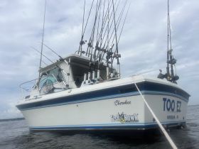 A side view of the fishing boat 'TOO EZ' equipped with multiple fishing rods, showcasing its readiness for a day on the water.
