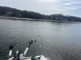 A serene view from a fishing boat, showcasing fishing rods in action against a backdrop of tranquil waters and a scenic shoreline.