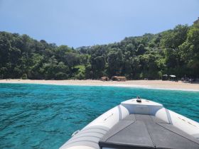 A stunning view of a beach with lush greenery in the background, showcasing a boat anchored in turquoise waters — perfect for a relaxing day on the coast.