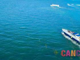 Aerial view of a boat cruising through vibrant blue waters, showcasing the excitement of a day on the water with friends.