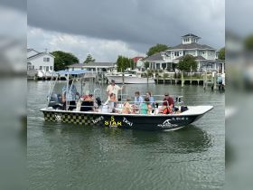 A lively group enjoys a boat taxi ride, showcasing the fun and adventure of water charters. Perfect for family outings or group tours in scenic waterways.