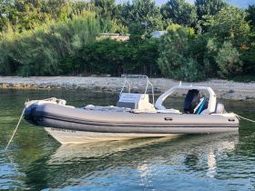 A sleek speedboat anchored near a serene shoreline, showcasing its design against a backdrop of lush greenery and calm waters.