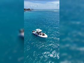 A vibrant scene of a boat cruising through crystal-clear turquoise waters, with people enjoying the ride — a perfect representation of a fun day on the water.